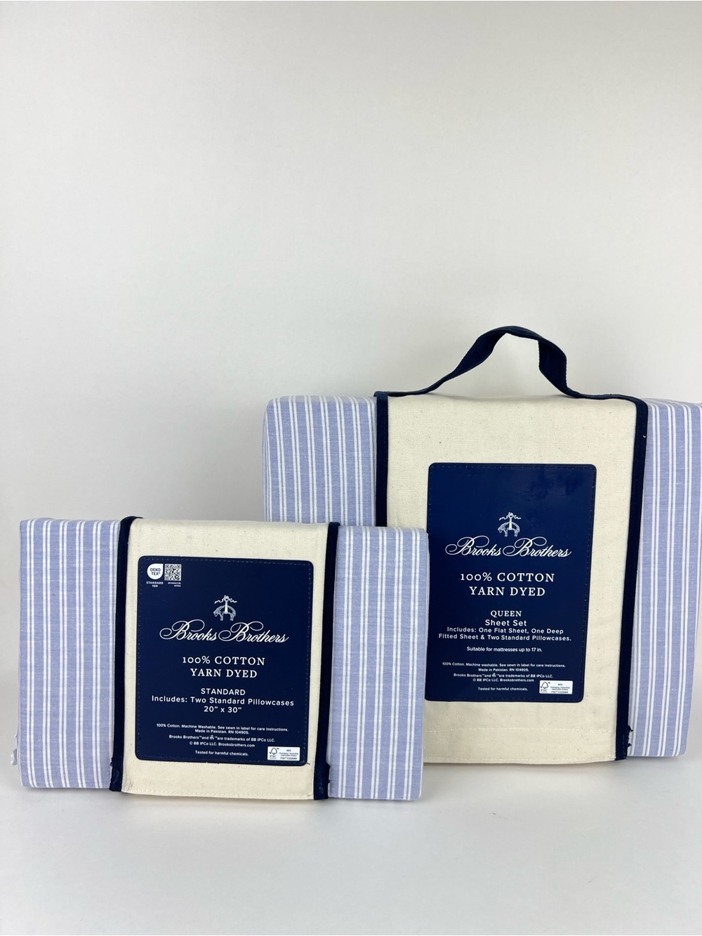 6 Pc Brooks Brothers Queen Sheet Set Blue White Stripe Cotton Yarn Dyed NEW